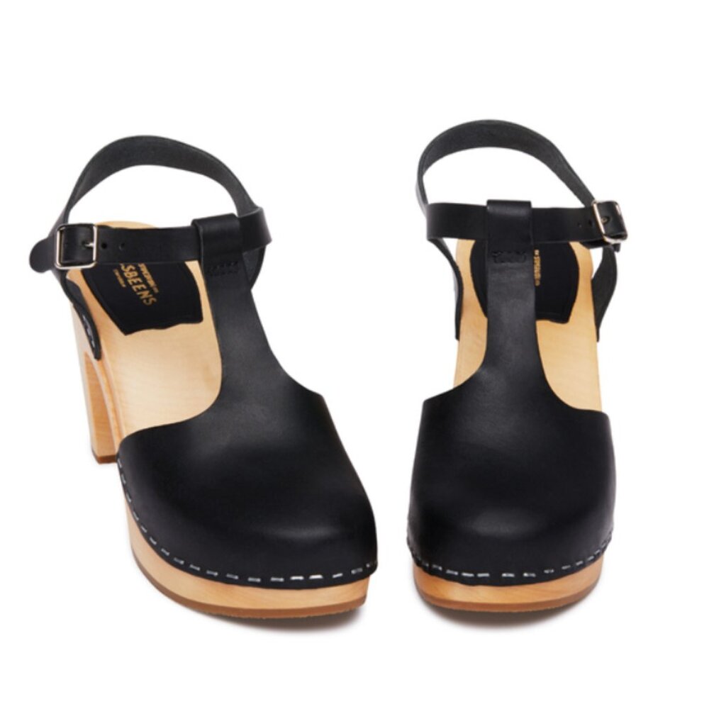 Swedish Hasbeens T-Strap Sky High Clog Sandals Heels Black Leather 39 Scandi